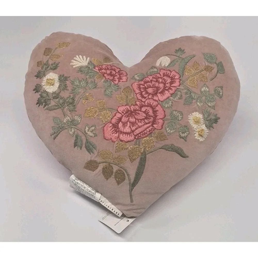 Pottery Barn Embroidered Heart Shaped Pillow- Rose w/ Flowers
